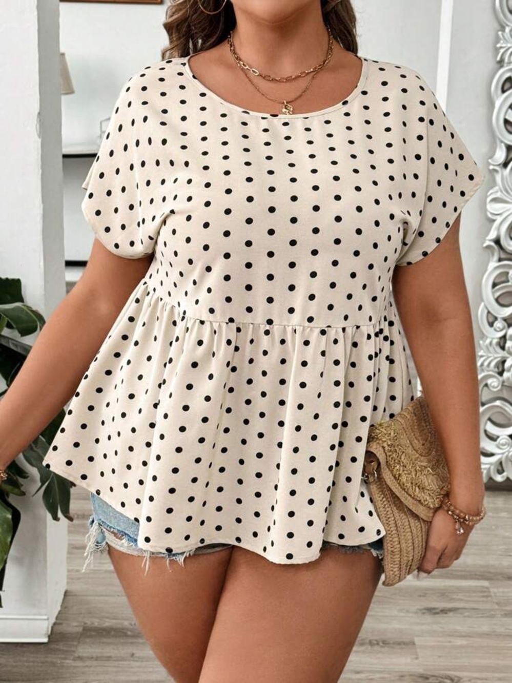 Black and White Polka Dot Peplum Top, Size 1X